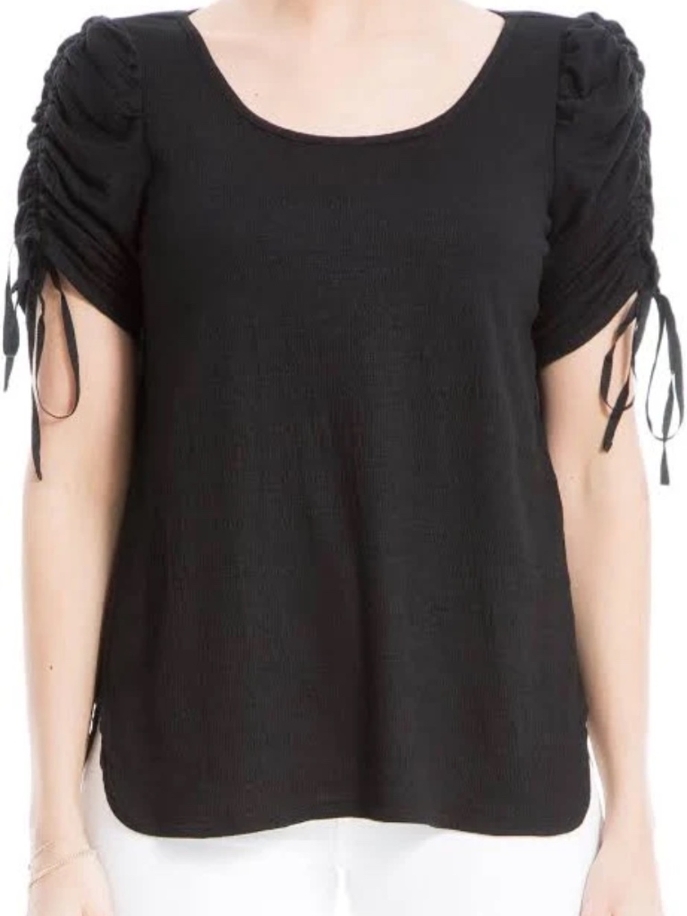 Max Studio Black Textured Tie-Sleeve Blouse